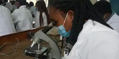 Scientist examining samples through a microscope in a lab.